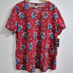 Disney Stitch Christmas Holiday Candy Cane V Neck Scrub Top, Size 2XL NWT